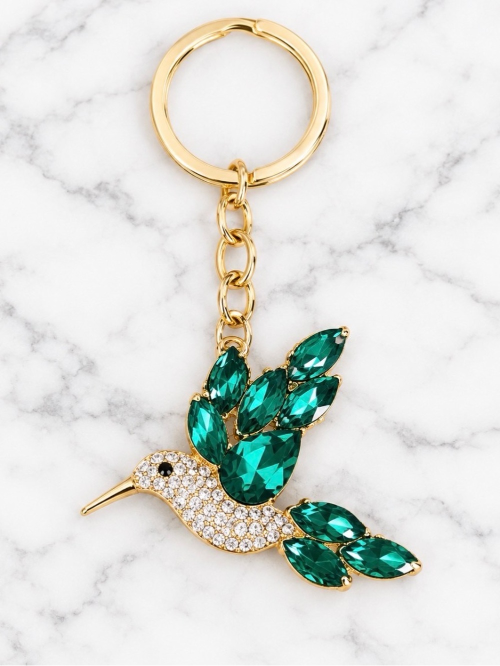 Bag Charm/Keyring-Hummingbird with emerald green Stone Wings White Stone Accents